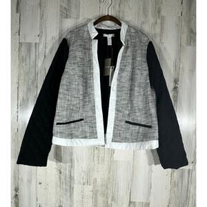 Chicos Jacket 3 or XL Black White Mixed Media Tweed Quilted Sleeves Lightweight
